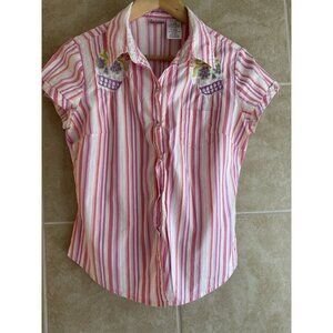 No Boundaries Y2K Pink Striped Juniors Large Top Embroidered Skulls Whimsigoth‎